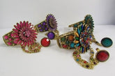 Gold Hand Chain Cuff Bracelet Big Round Ring Big Pink Green Purple Black Flower Beads